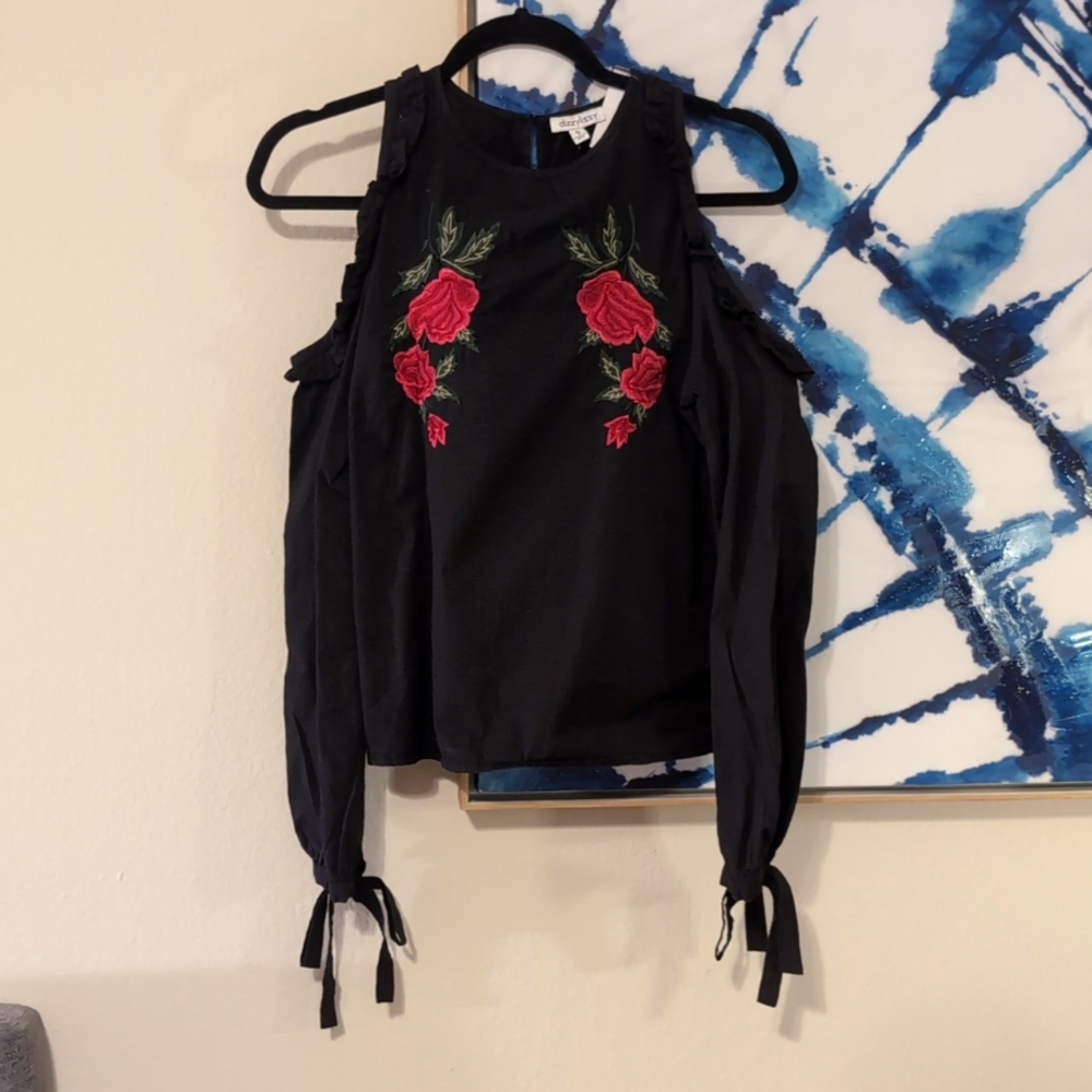 Black Cold Shoulder Top with Floral Applique Resembling Philipp Plein Size S